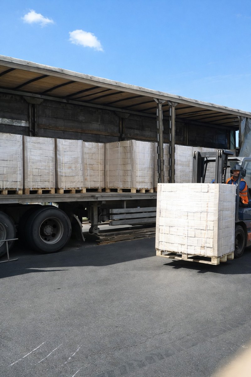 Truck-and-forklift-with-pallets-in-transit
